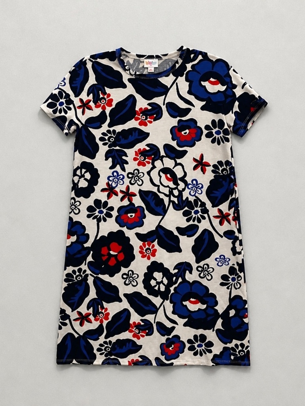 LuLaRoe Floral Print Short Sleeve Tee Dress in Blue, Red & Black